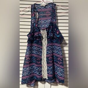 Nabee Boho Satin Ruffle Floral Blue Purple Tank Top Girl’s 10